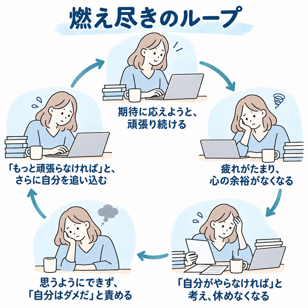 期待に応えようと頑張り続け、疲れで心の余裕を失い、休めなくなる。思うようにできない自分を責め、さらに頑張ろうと自分を追い込む「燃え尽きのループ」を示した図。
